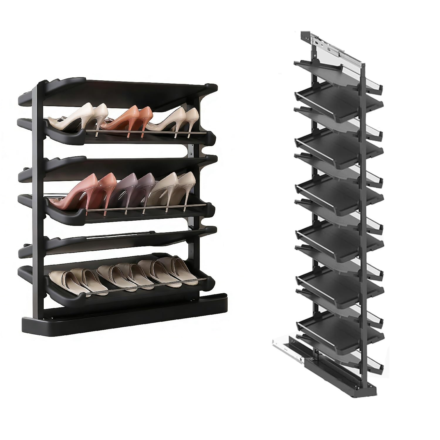 Pull-Out Shoe Rack Organizer, Adjustable Height Retractable Metal Stackable Shoe Rack, Retractable Design, Vertical Storage, Maximize Space Utilization Perfect for Bedroom and Entryway