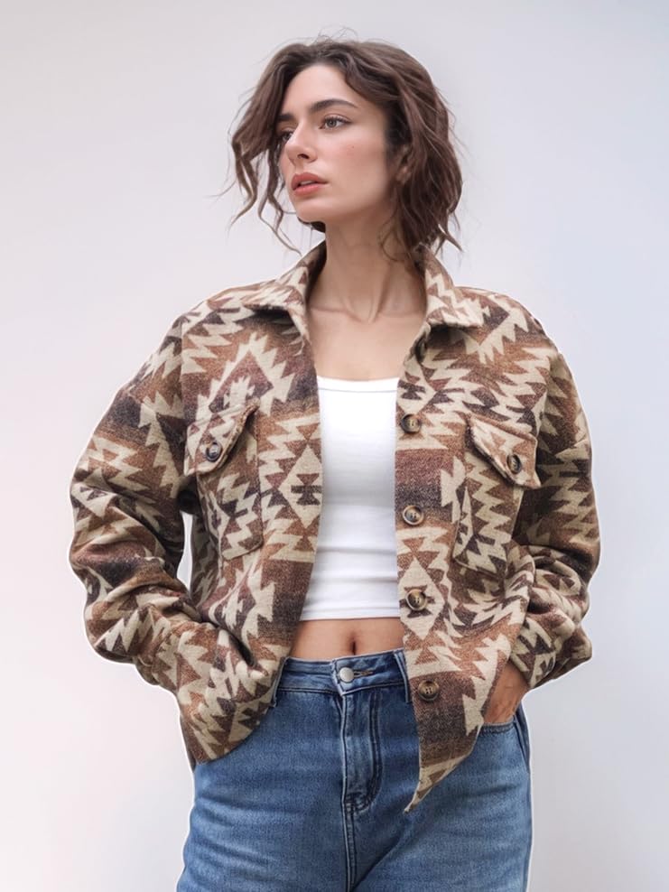 Image of Vintage Aztec Flannel Jacket Plaid Shirt Sherpa Fleece Shacket Button Down Casual Outerwear