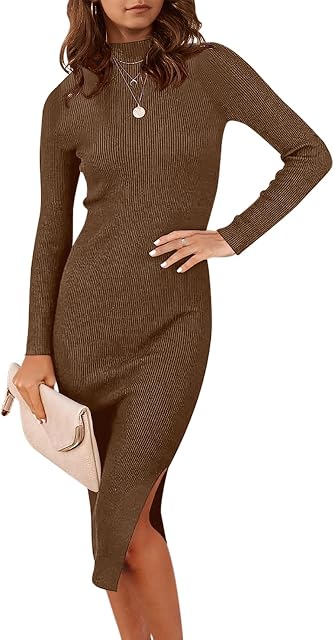 Woman in a brown ribbed knit midi dress