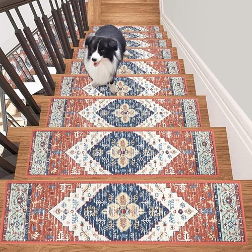 SHACOS 15er Set Stufenmatten Innen 76x20cm Treppenteppich Rechteckig Rot Stufenmatten Selbstklebend...