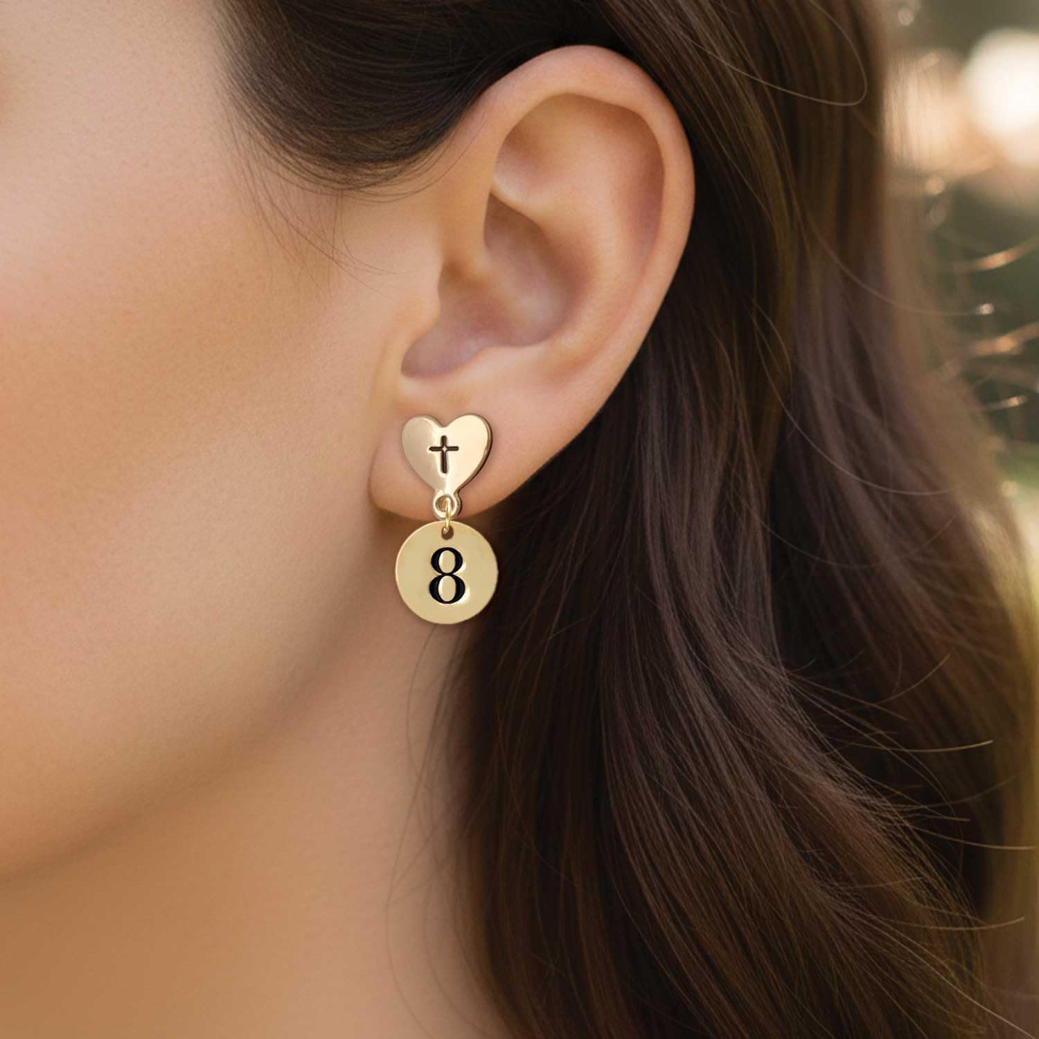 Delight Jewelry Goldtone Disc 1/2'' Number - Cross in Heart Post Dangle Earrings