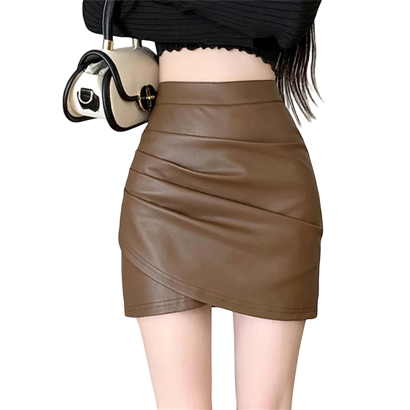Gonna Lunga Donna Estate Mini Gonna in Pelle Sottile in Pelle Alta per Donne A Autunno Casual Matita-caffè-S