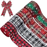 4 Rolls Christmas Buffalo Plaid Ribbon Snowflake Ribbon Christmas Wired Ribbon Gingham Check...