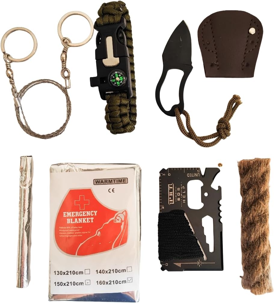 eGreen Emergency Hearth Starter 6 Bag Magneisums Weatherproof Matches Multi Function Device Noticed Wire Knife Blanket Wax Rope for Tenting Mountain climbing + Free Tin Can (Mg + Matches + Noticed + Knife), Moveable