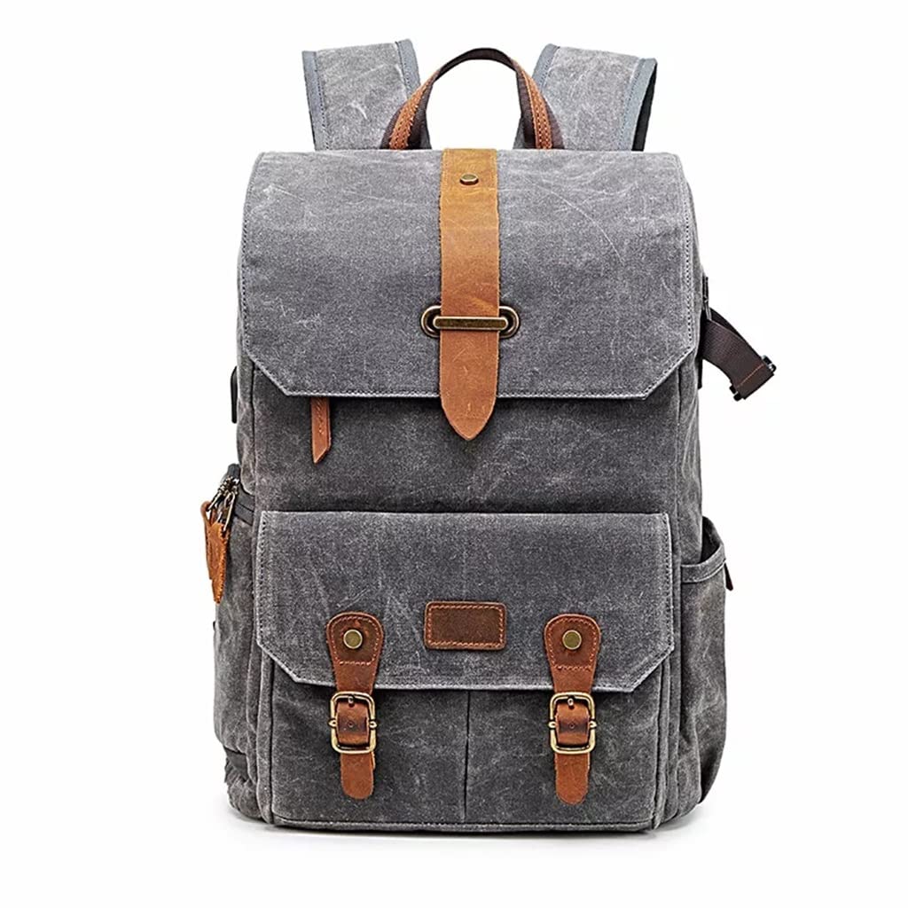 Backpacks Photography Retro Waterproof Batik Canvas Backpack W USB Port Fit 15.6inch Laptop Men Camera Bag Carry Case (Color : Gray, Size : 28 * 16 * 43cm)