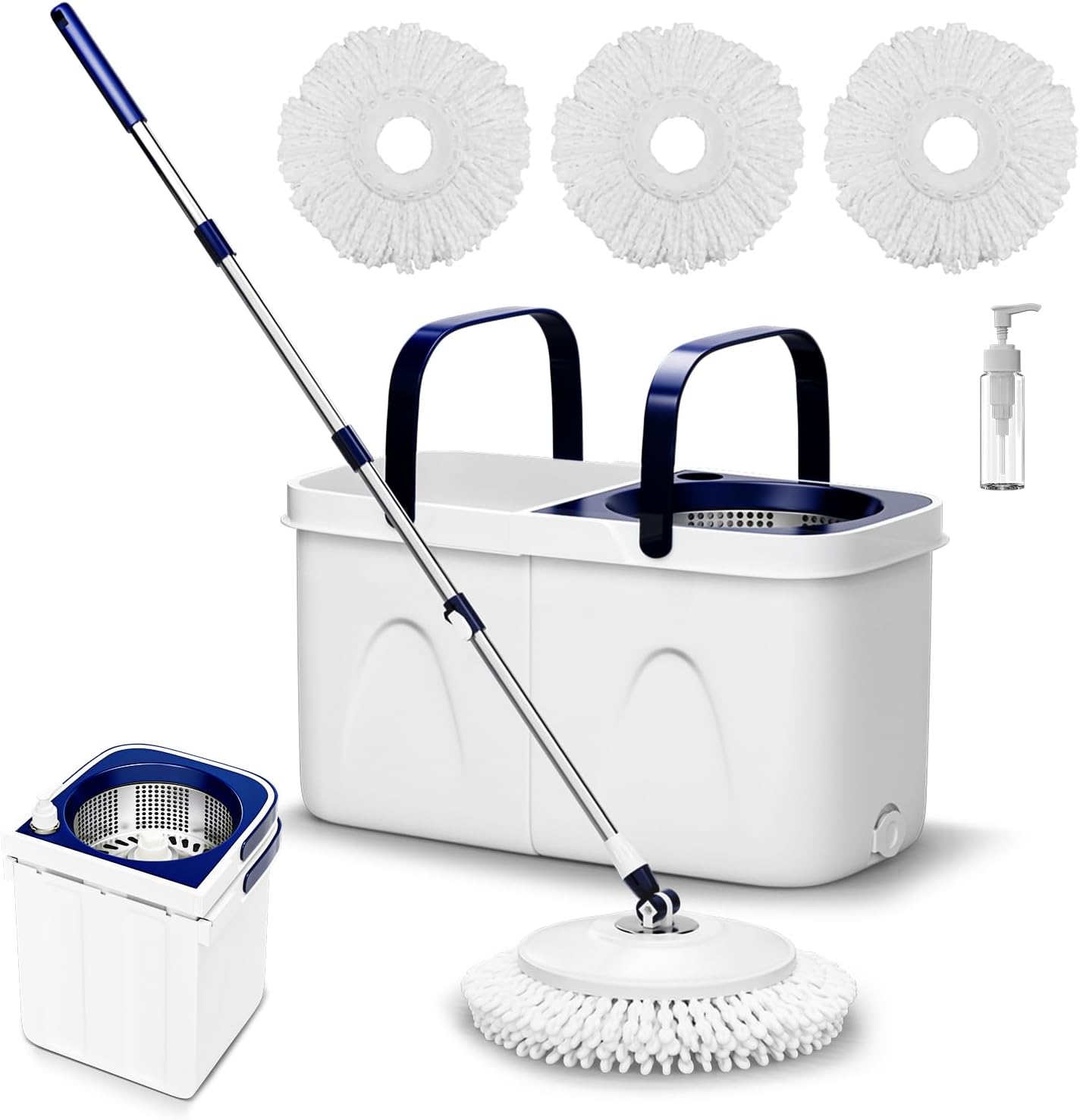 Spin Mop and Bucket with Wringer Set, Mop Bucket System Separate Clean and Dirty Water,180° Spinning 3 Microfiber Replacement Mop Pad Heads Refill,Stackable Bucket,Adjustable Handle for Floor Cleaning Mop and Bucket with 3 Pad