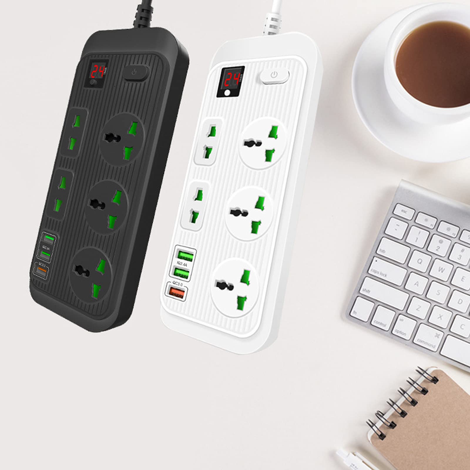 Multipresa, Multipresa Elettrica Con USB Ciabatta Con 5 Prese Elettriche E 3 Porte Di Carica USB Un Interruttore Di Controllo Con Protezione Da Sovraccorrente 3000W 16W 5V 16A Cavo 2M,Black+white