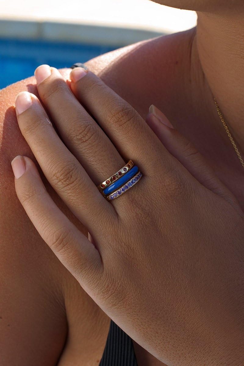 Anillos Anchos diseño Combinado de Esmalte Azul y Gemas