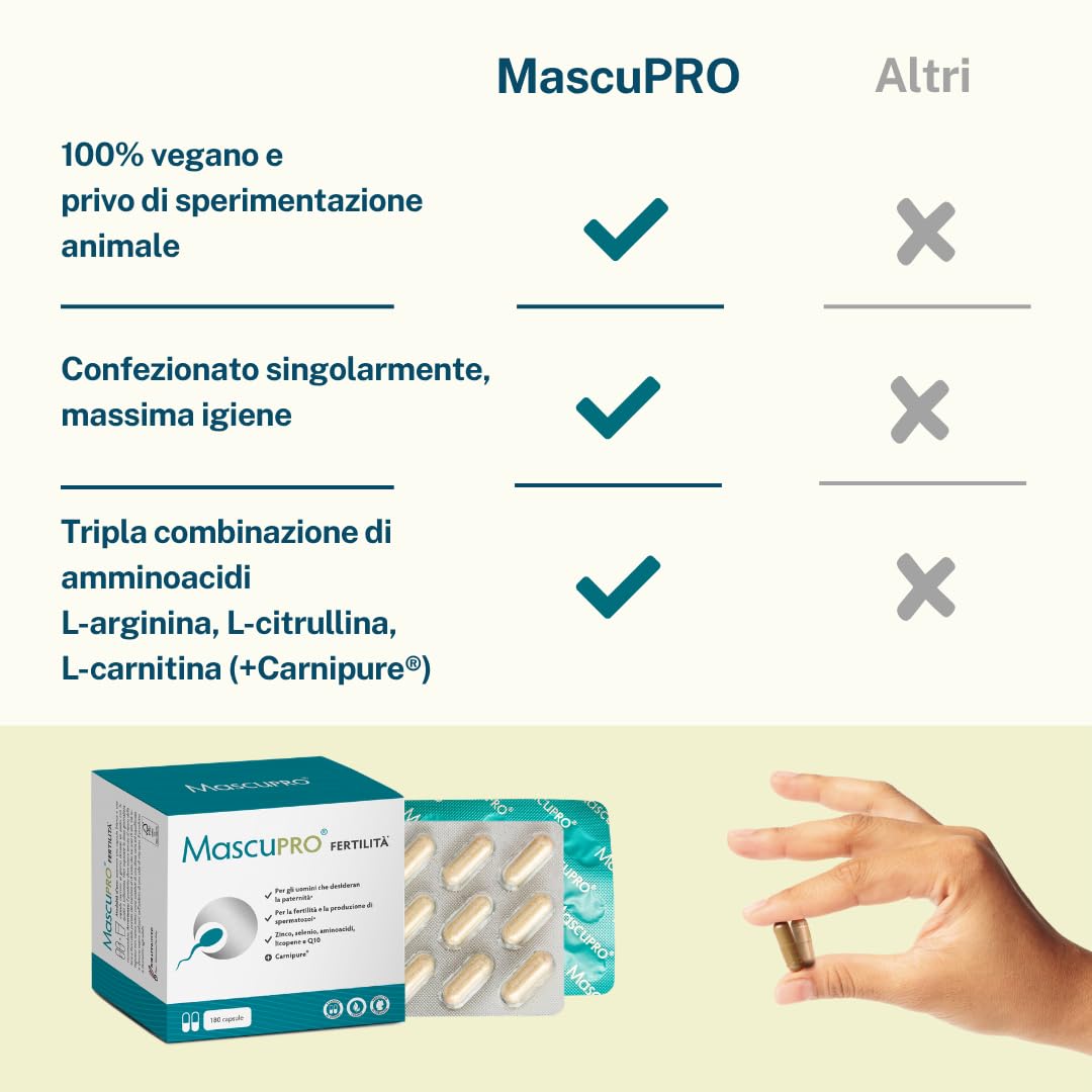 MascuPRO® Fertilitá - Produzione di spermatozoi - 180 Capsule per la fertilità maschile - L-carnitina, Zinco