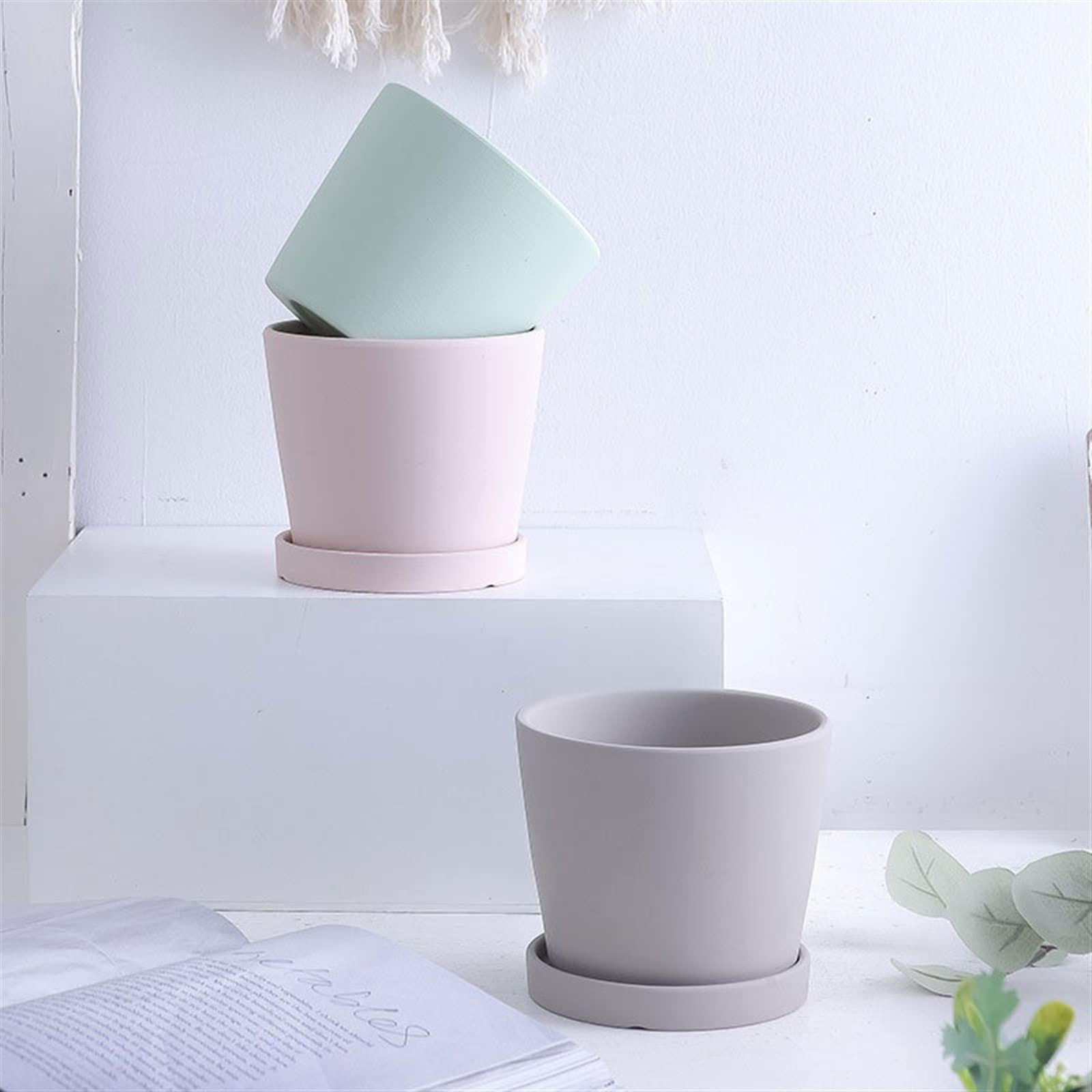 HIHELO Donice Ceramiczna okrągła doniczka z otworami drenażowymi sukulenty kaktus orchidea doniczka doniczkowa prosta z tacą doniczka do przedszkola (kolor: szary)