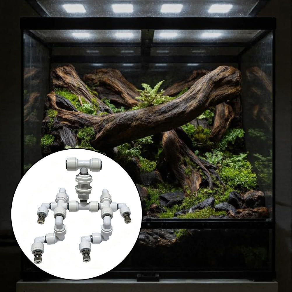 Sistema de nebulización de latón con 4 boquillas para terrarios y recintos para Reptiles, Control de Humedad de pulverización Fina Ajustable e irrigación de Plantas, Color Blanco.