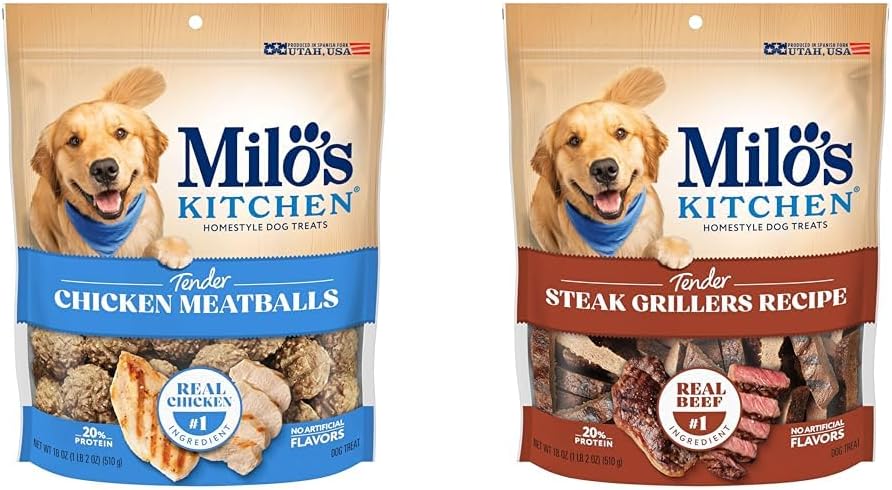 Milo's Kitchen Dog Treat Bundle: Chicken Meatballs 18 Ounce + Steak Grillers 18 Ounce