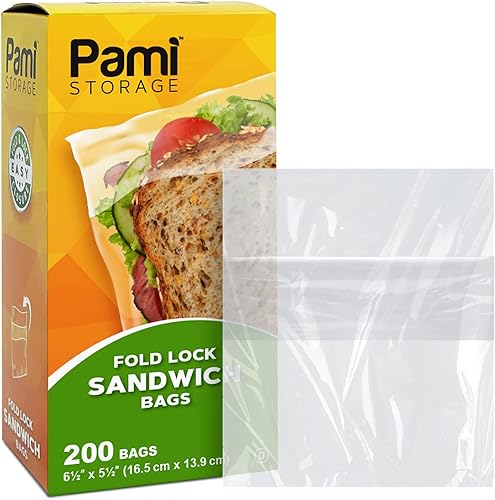 PAMI Bolsas de sándwich plegables [200 piezas], bolsas de plástico desechables sin cremallera, bolsas plegables fáciles de abrir para almuerzo,
