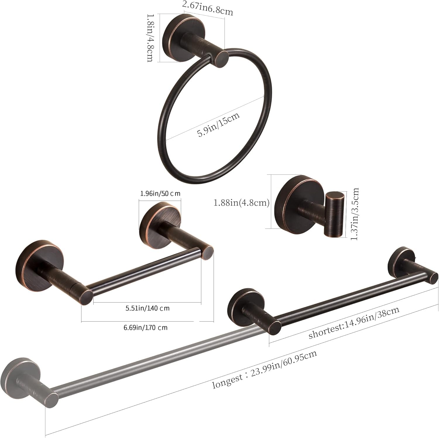 Bronze Bathroom Accessories, Oil Rubbed Bronze Bathroom Hardware Set Includes double post Toilet Paper Holder 15 to 24 Inch Towel Bar Towel Ring Robe Hook 4 Pieces Hand Towel Holder Wall Mount