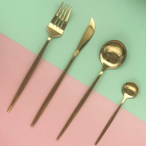 Miniatura 4 de Uniturcky Juego de cubiertos dorados de acero inoxidable de 24 piezas, servicio para 6, cubiertos de acero inoxidable pulido con espejo, cuchillo