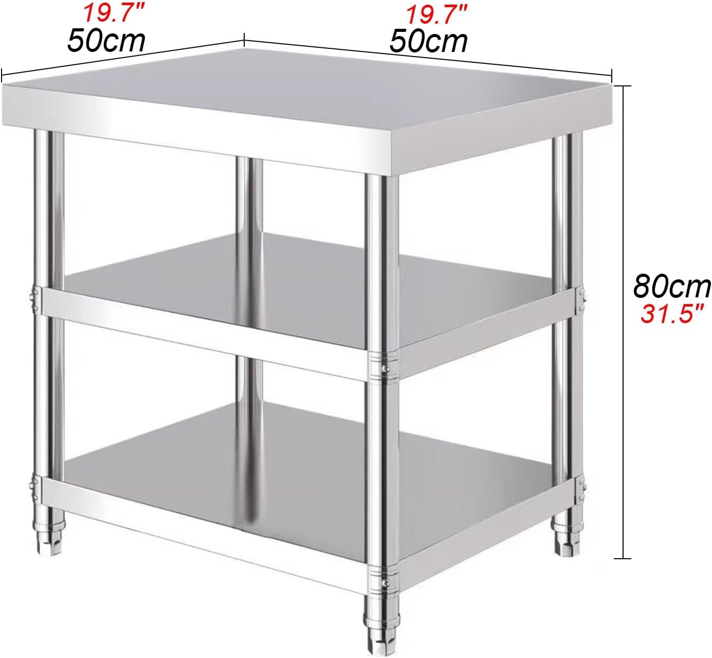 Thickened Three-layer Stainless Steel Workbench Kitchen Prep Table Chopping Table Open Storage Shelf Sturdy Metal Table(19.7 * 19.7 * 31.5in)