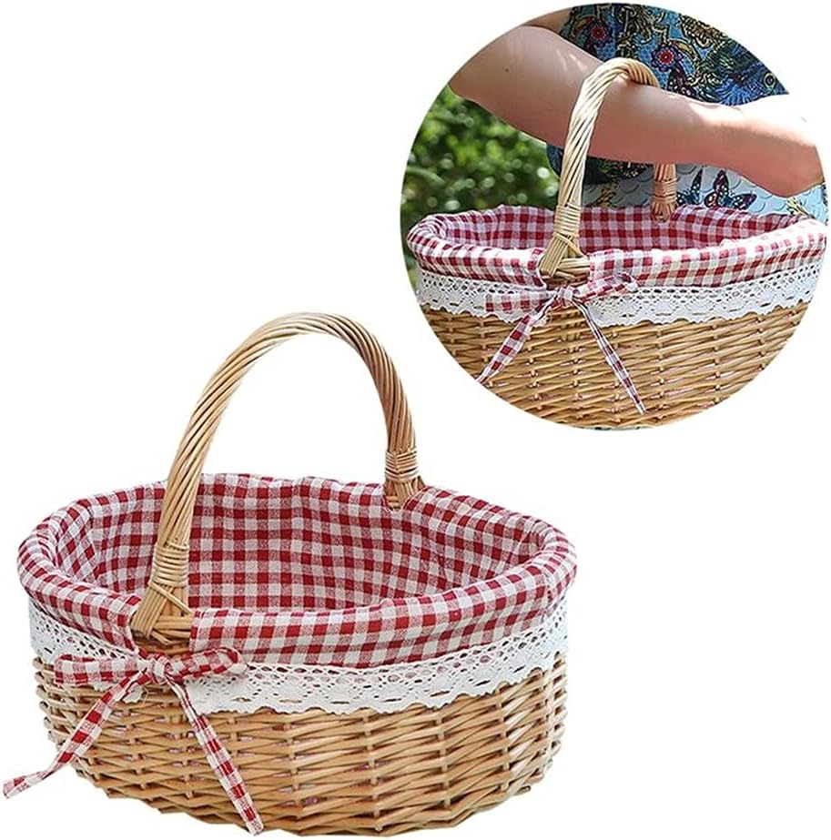 Hand Woven Picnic Bag Gift Basket Wicker Storage Basket Linen Inner Basket for Storage Use Size M (Color : Red, Size : Mcode)
