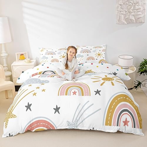 Erosebridal Funda de edredón de arco iris para niñas, diseño de sol y estrellas, tamaño individual, para niños y niños, estilo de dibujos animados,