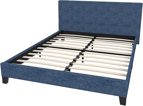 Miniatura 7 de Cama de plataforma tapizada tamaño individual con cabecero copetudo, marco de cama de lino moderno, soporte de listones de madera, no necesita Azul