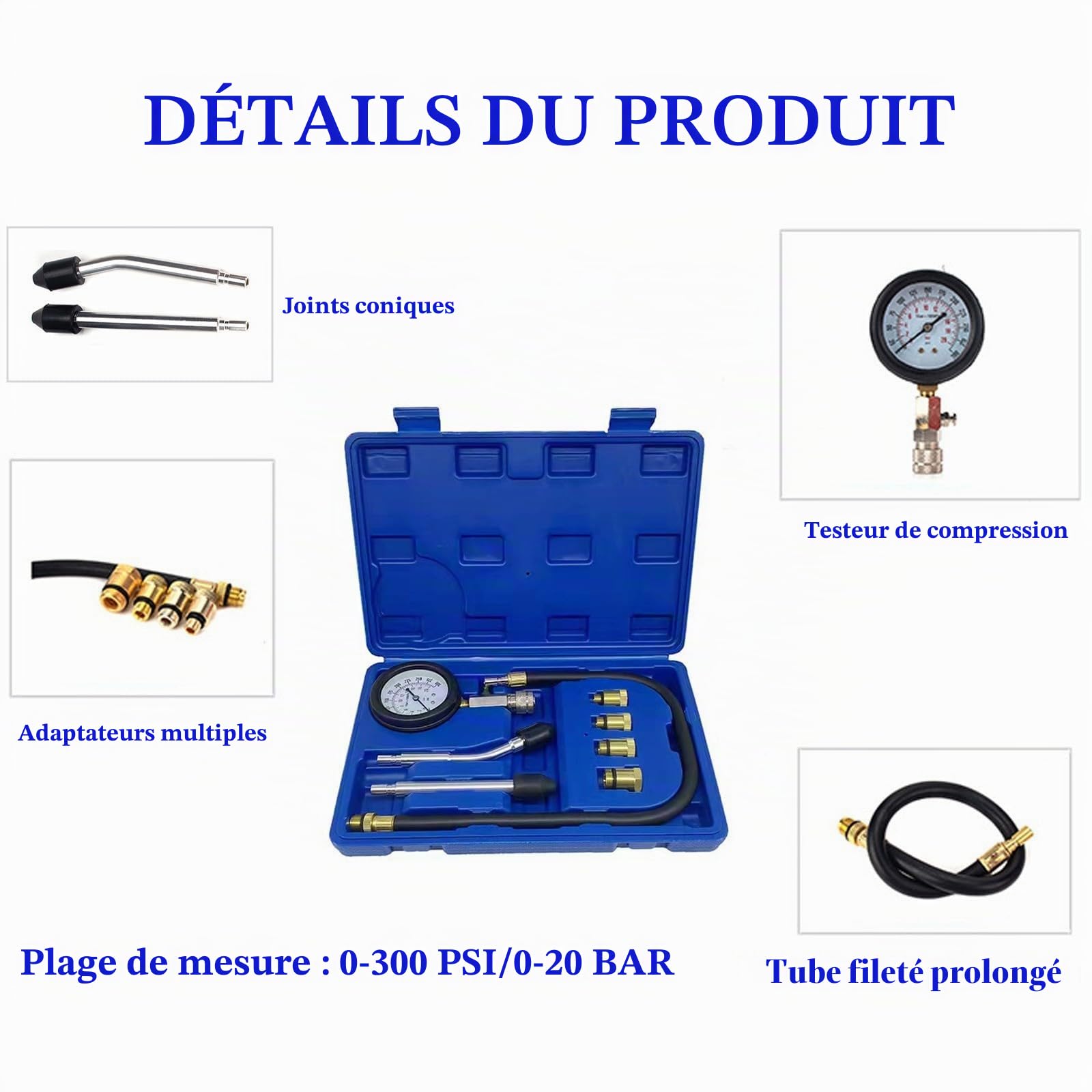 Kit testeur de compression standard pour essence 0-20 bar et 0-300 psi, testeur de compression automatique pour moteur M10, M12, M14, M18