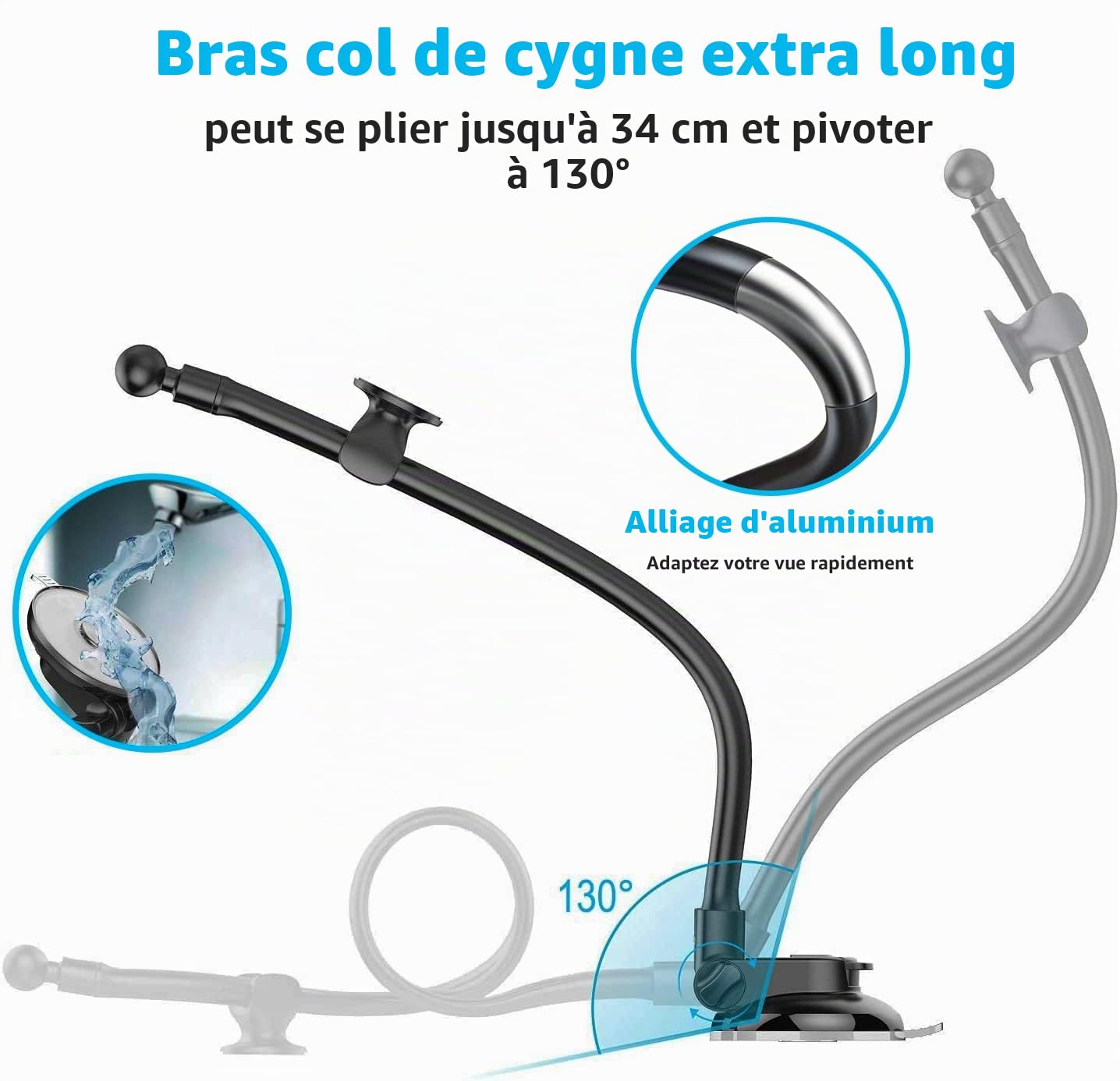 Support Tablette Ventouse Voiture Col de Cygne Flexible avec Bras Long 34cm | Porte Tablette Camion Tableau de Bord/ Pare Brise pour iPad Pro Air Mini, Galaxy, Kindle, Téléphone, 4-13"