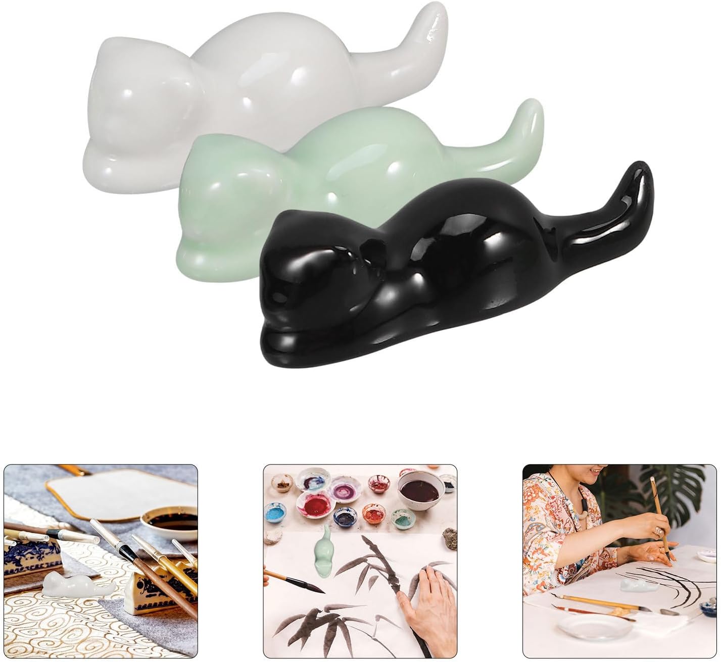 TEHAUX 6pcs Ceramic Cat Shaped Brush Holders Pen Rest Set for Writing Art Collection and Desk Use Decorative and Functional Porcelain Brush Holder for Painting and Makeup