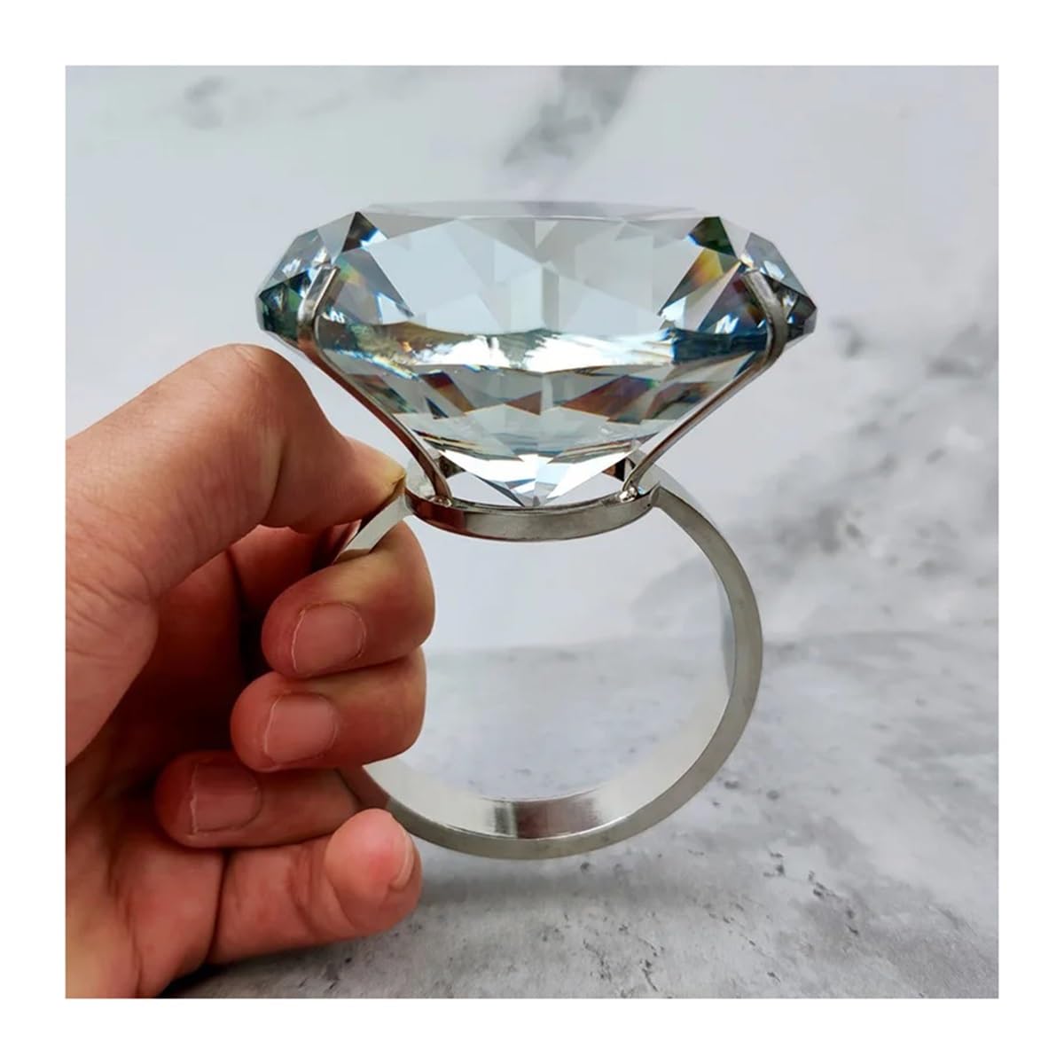 Duży ozdobny pierścionek ze szkła kryształowego 3"/80 mm (Clear-Silver)