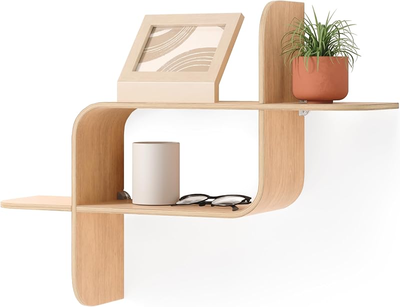 Estante de pared flotante Montage, decoración de montaje en pared de madera curvada, natural | Construcción de madera de caucho, se monta horizontal o verticalmente, soporta hasta 15 libras, se usa en cualquier habitación, fuente renovable