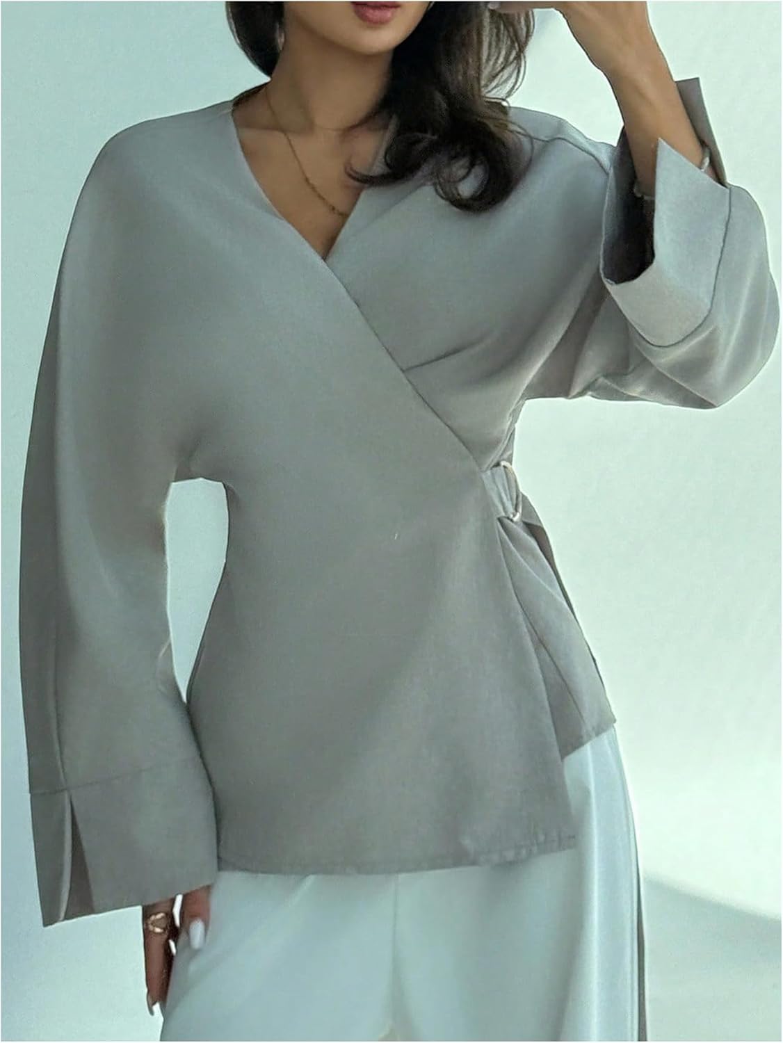 Floerns Women's Dressy Wrap V Neck Blouse Belted Long Sleeve Business Casual Work Tops Old Money Clothes - Image 4