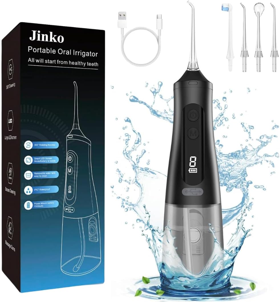 Jinko 350 ml,Smart Led Display Screen,9 Modes,Memory Function,Battery Indicator,Rechargeable,Portable,Cordless,IPX7, Water Dental Flosser Teeth Pick,Oral Irrigator for Cleaning Teeth,Gums,Braces,Black