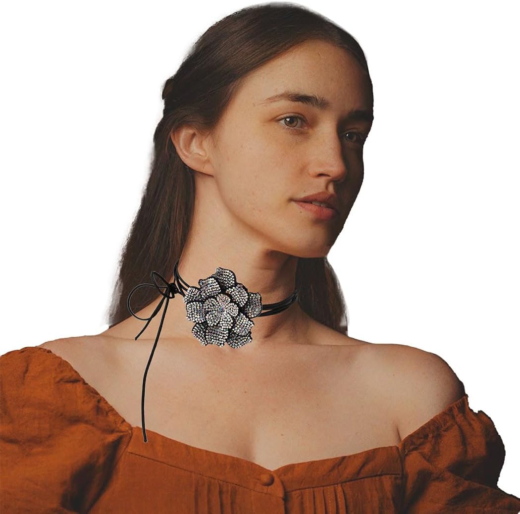Big Flower Choker Necklaces Rhinestone Flower Choker Vintage Flower Necklace Choker Tie Floral Necklace Weddings Dances Accessories for Women Jewelry Necklace - Image 6