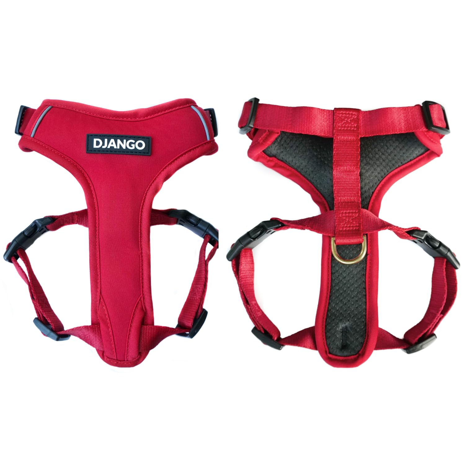 DJANGO Adventure Dog Harness - Stylish and Durable Medium Dog Harness for Outdoor Adventures and Everyday Wear - Red Neoprene Adjustable Harness for Dogs with Reflective Piping, Solid Brass D-Ring
