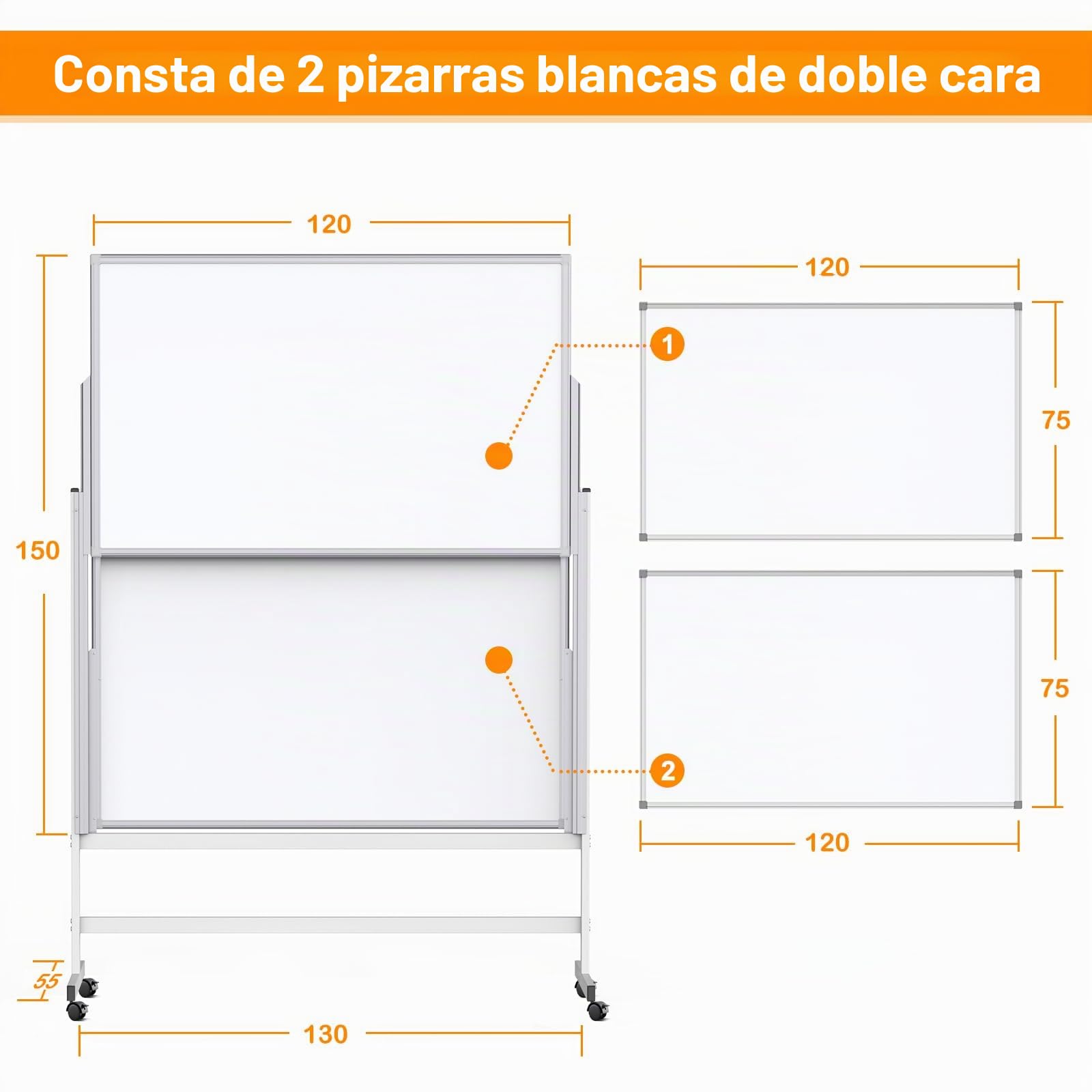 Maxtek Pizarra Blanca Móvil Regulable en Altura 150×120 cm, Doble Cara Magnética 120×75 cm, Whiteboard con Ruedas Marco Aluminio