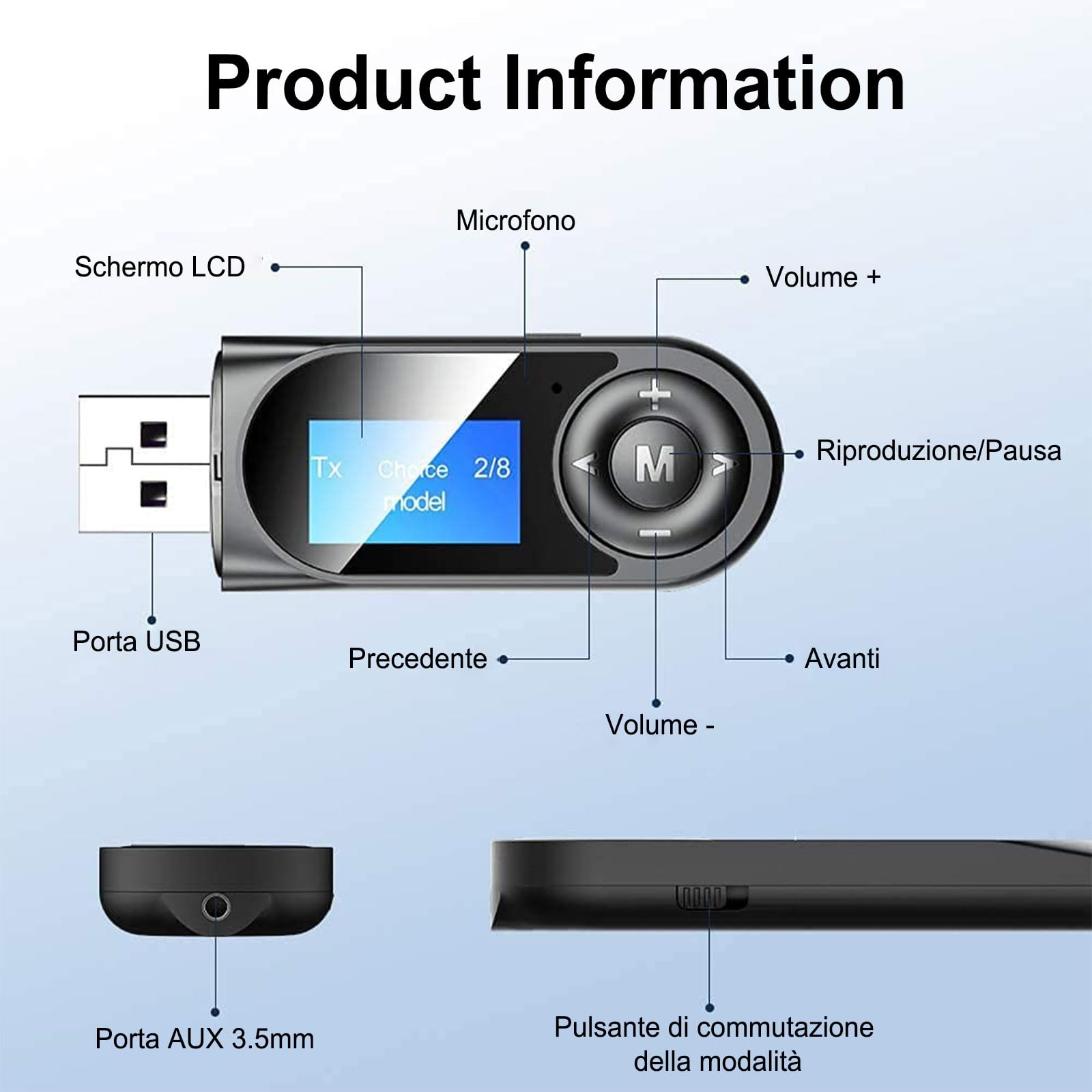 USB Trasmettitore Ricevitore Bluetooth 5.0, Adattatore Wireless Audio con 3.5mm AUX per TV/PC/Cuffie/Altoparlanti/Auto, bluetooth aux chiavetta, bluetooth per auto, Microfono Integrato