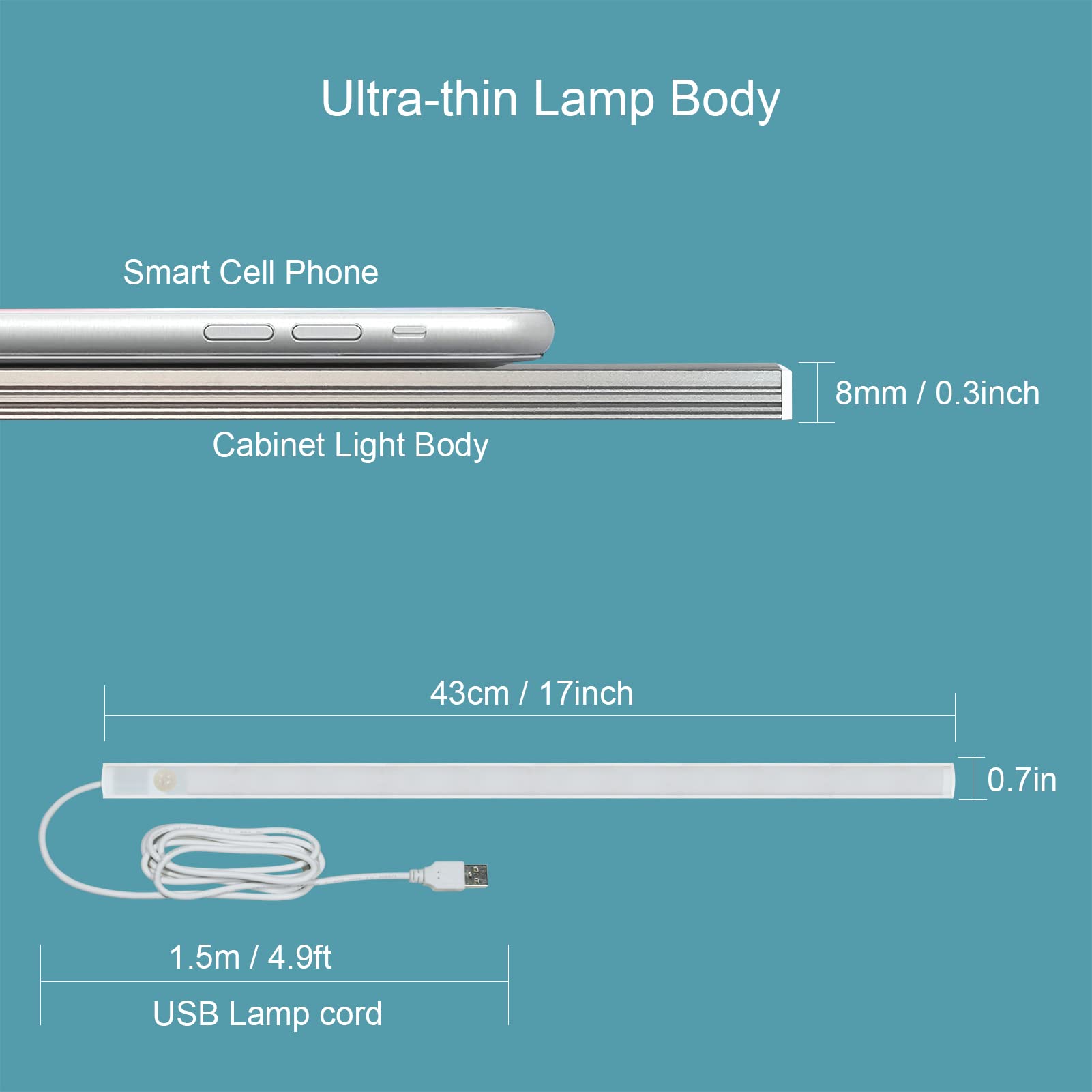 LED-Bewegungsmelder, Unterschrankbeleuchtung, 43,2 cm, USB-Stecker, LED-Schrank-Lichtleiste, Untertisch-Lichter, Nachtlicht für Küche, Kleiderschrank, Schrank, Kaltweiß (6000 K)