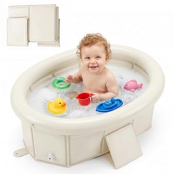 Orzbow Portable Toddler Bathtub with Inflatable Top Edge & Side Drain Plug