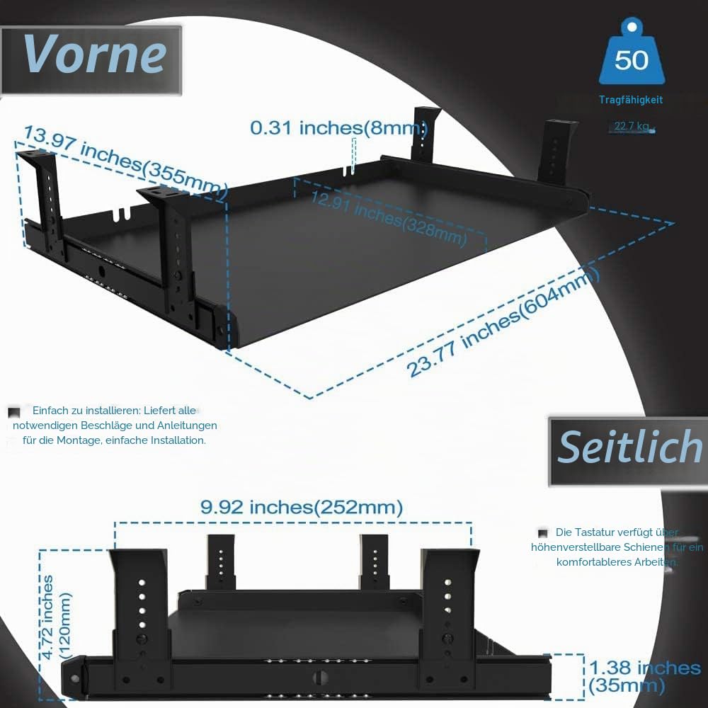 FRMSAET Untertisch-Tastaturablage Ganzmetall-Material 53 cm/ 60 cm/ 76 cm Plattform Computer Schublade Organizer Home Office Küche Schlafzimmer Garage Aufbewahrungswerkzeug.(60 cm, Schwarz)