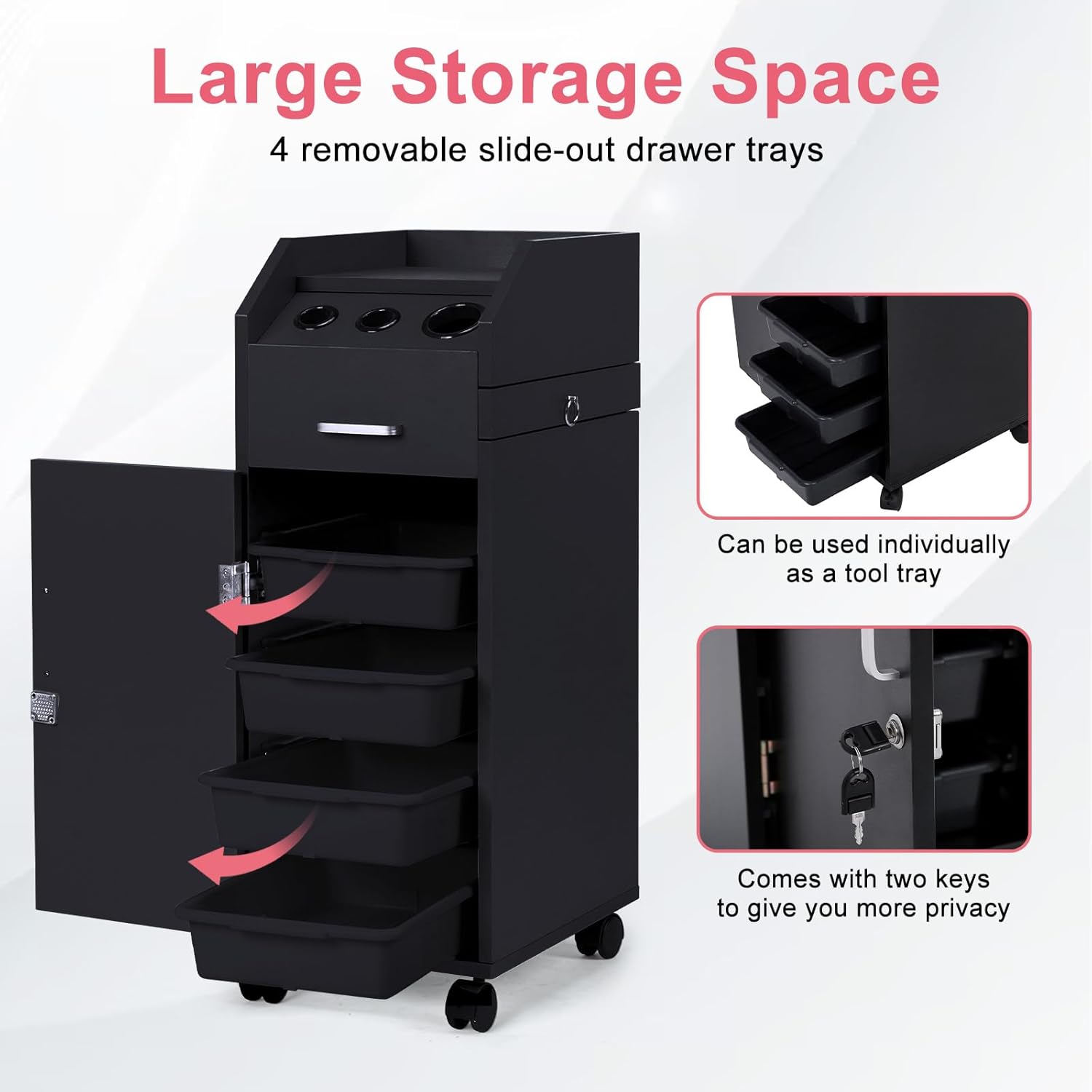 Winado Hair Salon Storage Cart with Wheels & 3 Hair Dryer Holders & 4 Drawers & Lock & 2 Keys, Hairdressing Tools Station Mobile Makeup Case, SPA Utility Trolley (Black)