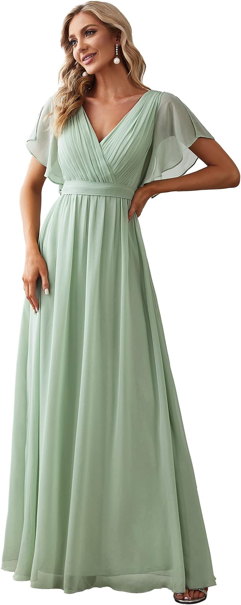Women's Bridesmaid Dress V-Neck Ruffle Sleeves Ruched Bust Floor Length Chiffon Formal Dresses 0164A