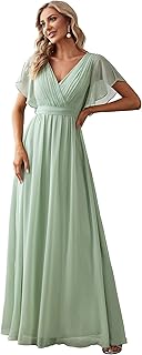 Women's Bridesmaid Dress V-Neck Ruffle Sleeves Ruched Bust Floor Length Chiffon Formal Dresses 0164A - Buy now