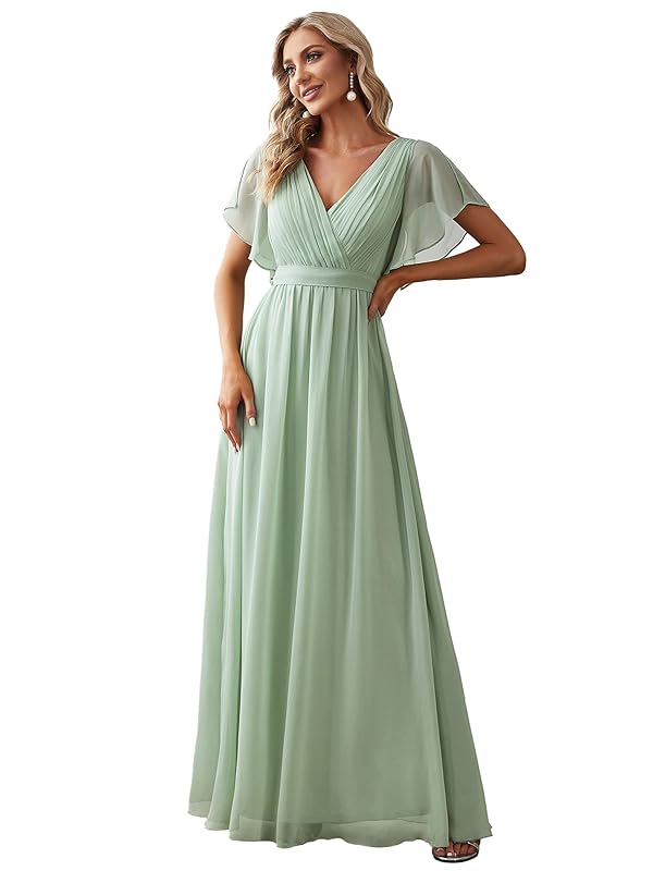 Ever-Pretty Women's Bridesmaid Dress V-Neck Ruffle Sleeves Ruched Bust Floor Length Chiffon Formal Dresses Mint Green US24 by Ever-Pretty - Used condition - US$53.43