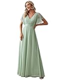 Women's Bridesmaid Dress V-Neck Ruffle Sleeves Ruched Bust Floor Length Chiffon Formal Dresses 0164A