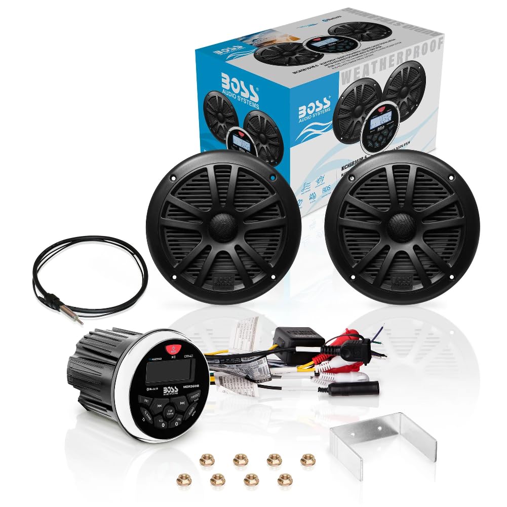 SET PER BOSS AUDIO SYSTEMS MCKGB350B.6 1 kit marino con stereo ricevitore AM/FM bluetooth waterproof, una coppia di altoparlanti MR6B 16,5 cm 90 watt rms 180 watt max, una dipole antenna, 1 kit