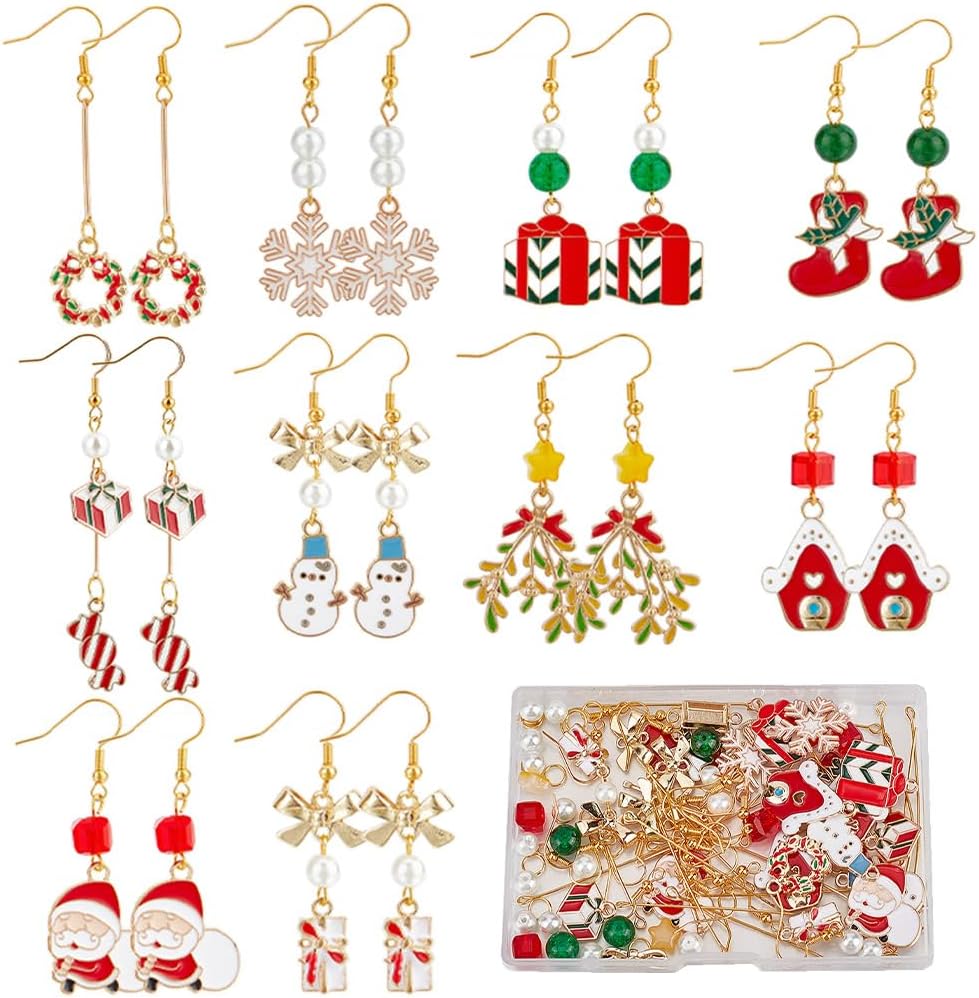 SUNNYCLUE 1 Box DIY 10 Pairs of Christmas Charms Enamel Snowflake Charms Earrings Making Starter Kit Snowman Charm Santa Socks Charms Charms, Alloy, Enamel, Glass, Brass