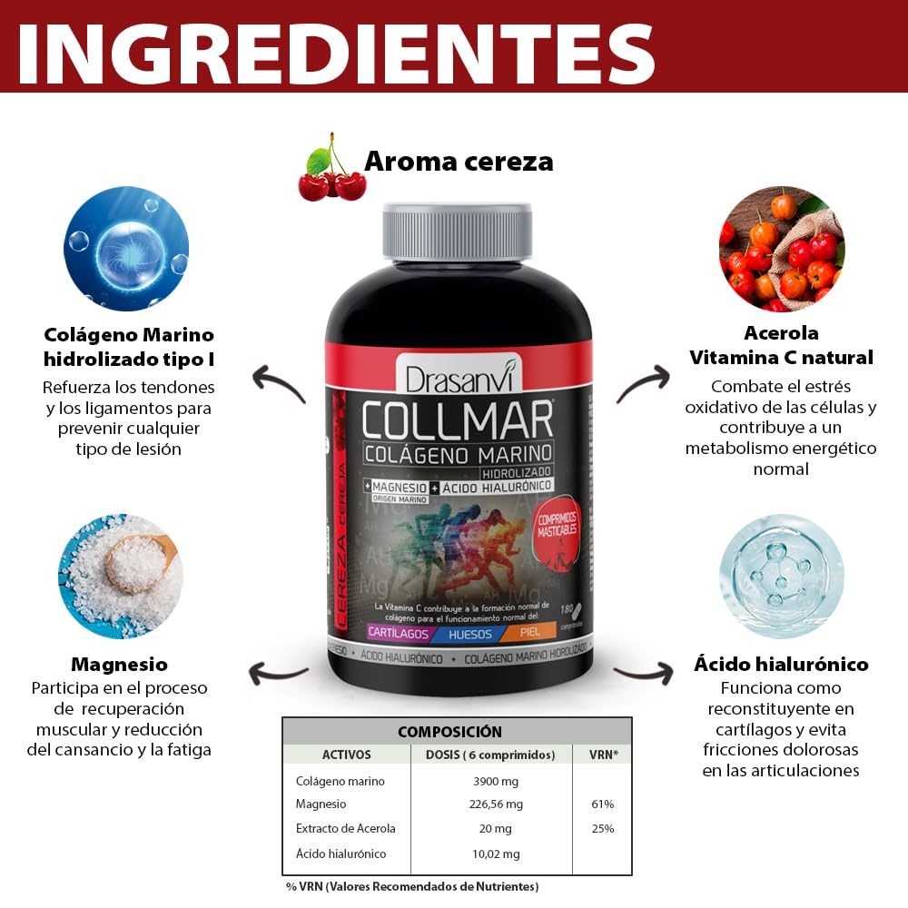 DRASANVI COLLMAR COMPRIMIDOS MASTICABLES - COLÁGENO Marino Hidrolizado + Magnesio + Ácido hialurónico - Sabor CEREZA - 180 comprimidos