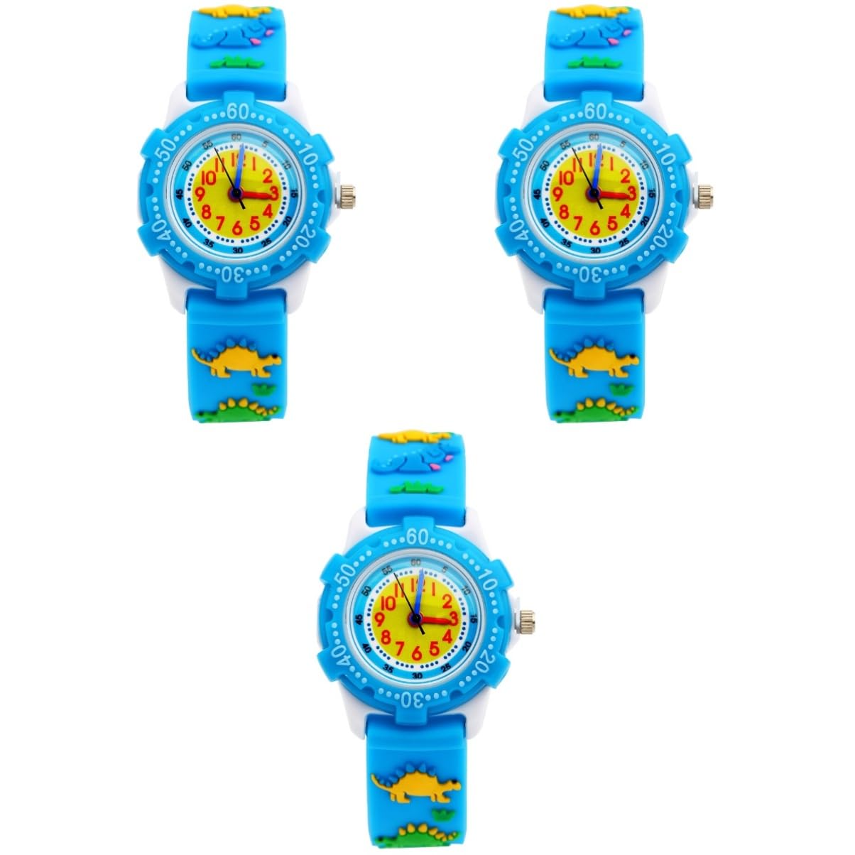 LIFKOME 3stücke Cartoon Dinosaur Uhr Für Junge Mädchen wasserdichte Silikon Quarz-Armbanduhr Mit Einzigartigem Design Für Jungen Und Mädchen Blau