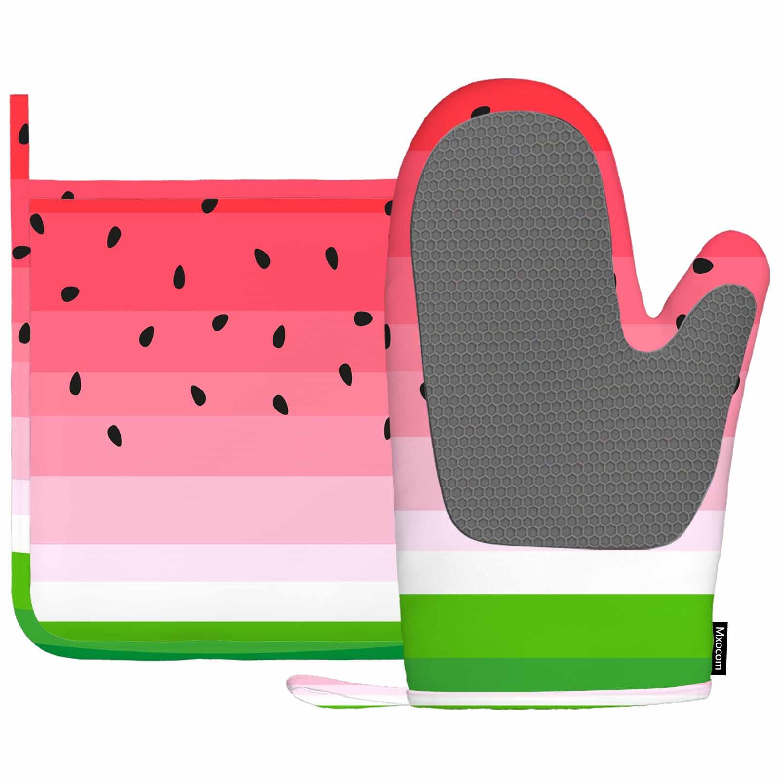 Mxocom Watermelons Oven Mitts and Pot Holders Sets Summer Fruit Watermelon Slice with Black Seeds Red Green Stripes Silicone Heat Resistant Kitchen