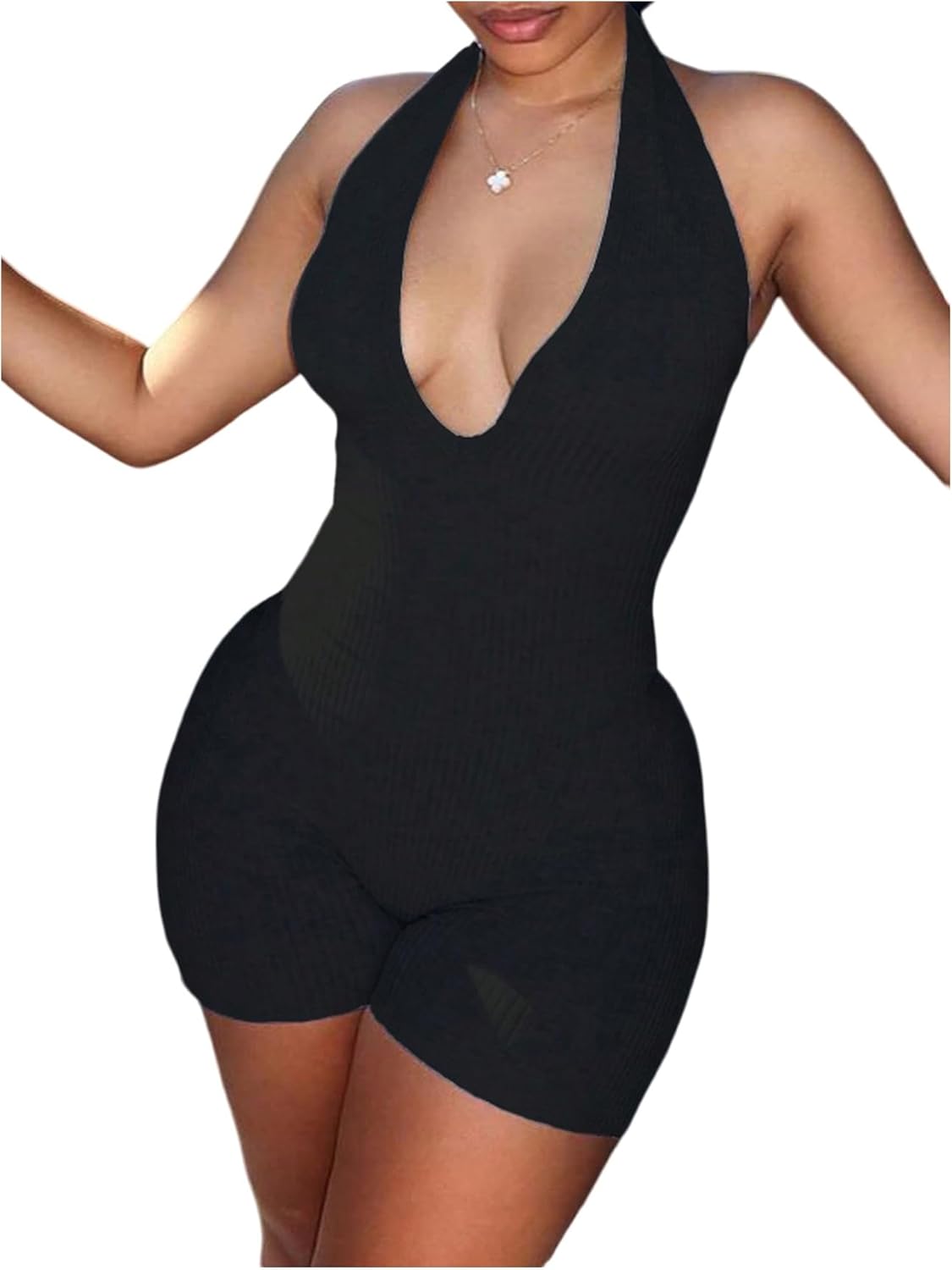 WDIRARA Women's Deep V Neck Sleeveless Halter Romper Lace Up Backless Skinny Knit Sexy Tank Jumpsuit Shorts