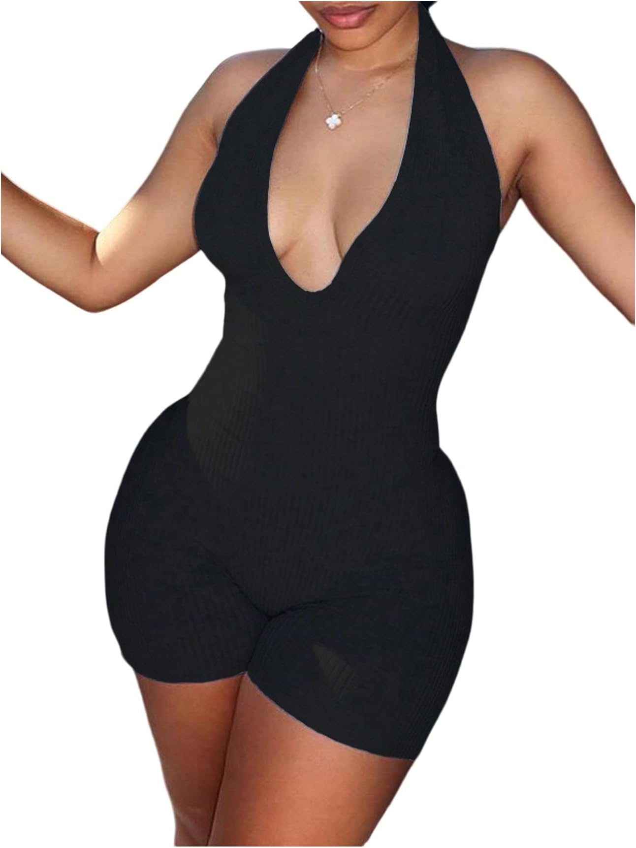 Women's Deep V Neck Sleeveless Halter Romper Lace Up Backless Skinny Knit Sexy Tank Jumpsuit Shorts