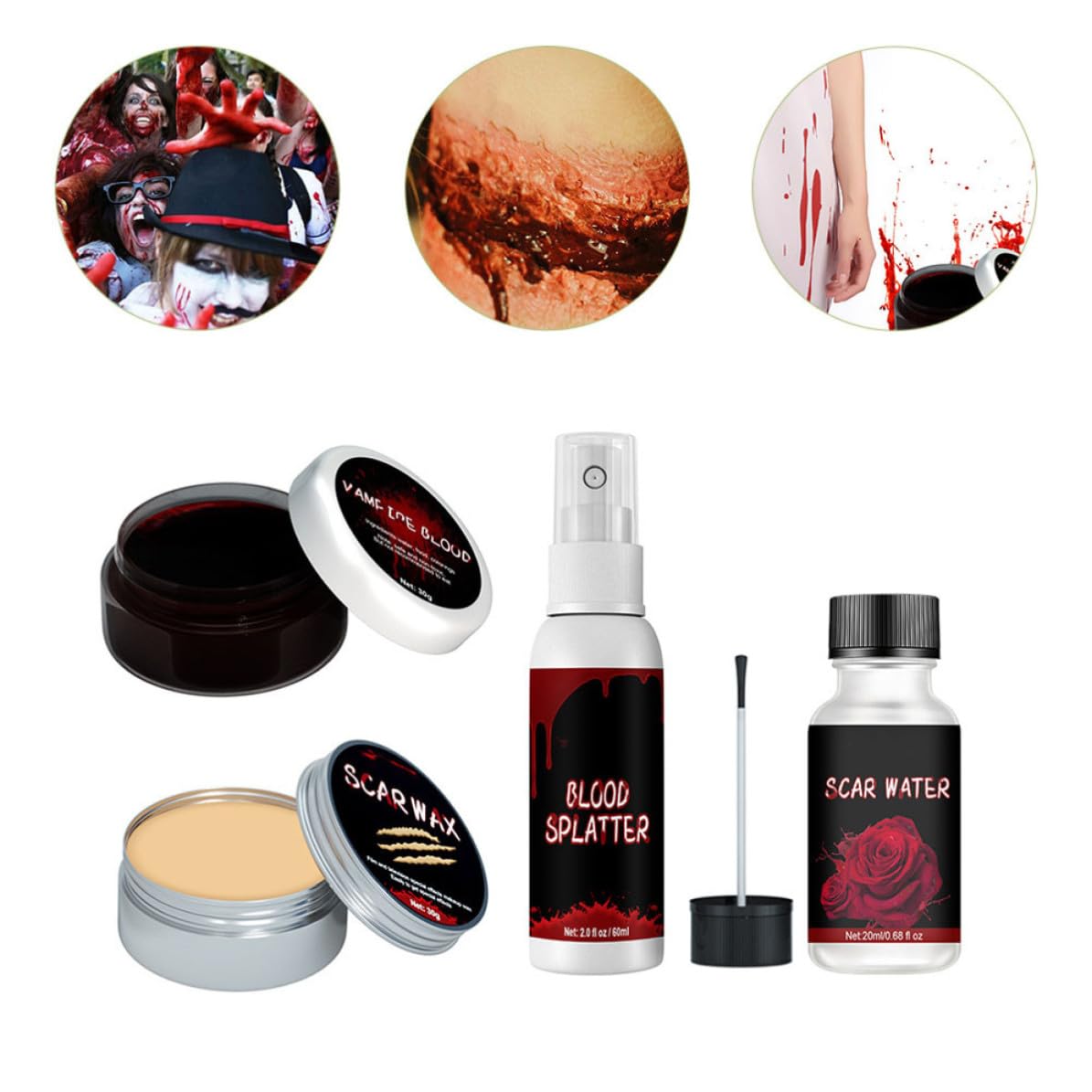 Mobestech 20 Piezas Kit de Maquillaje para Halloween Cicatrices y Sangre Falsa Gel, Cera Cutánea de 30g y Plasma de 60ml para Efectos Obsequios en Celebraciones Festivas